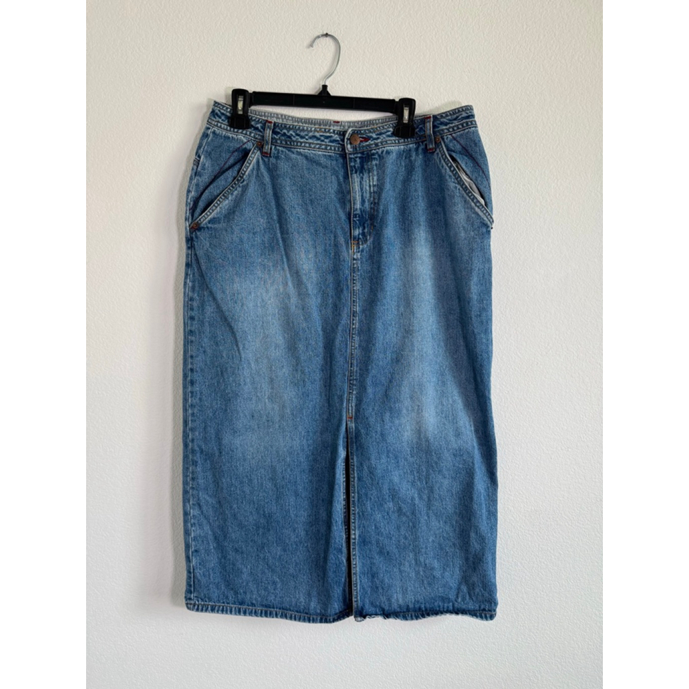 Women's Bill‎ Blass Blue Denim Midi Skirt with Red Stitching Size 14